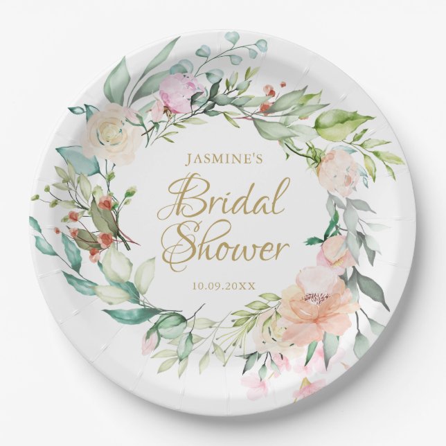 Assiettes En Carton Fête de mariage élégante aquarelle rose d'été écri (Devant)