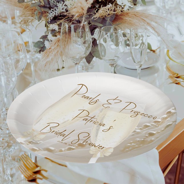 Assiettes En Carton Fête de mariage élégante moderne Perles & Prosecco (Créateur téléchargé)