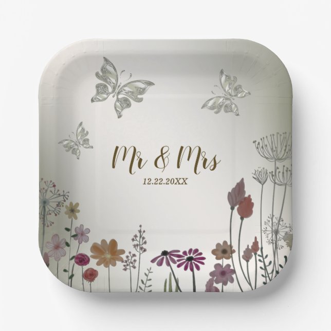 Assiettes En Carton Fête de mariage Fleurs de jardin colorées Papillon (Recto)