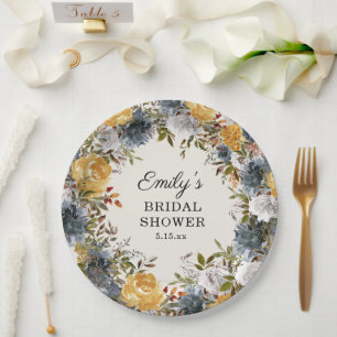 Assiettes En Carton Fête de mariage floral aquarelle jaune bleu