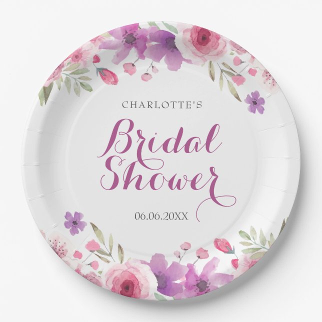 Assiettes En Carton Fête de mariage floral aux roses aquarelles (Devant)
