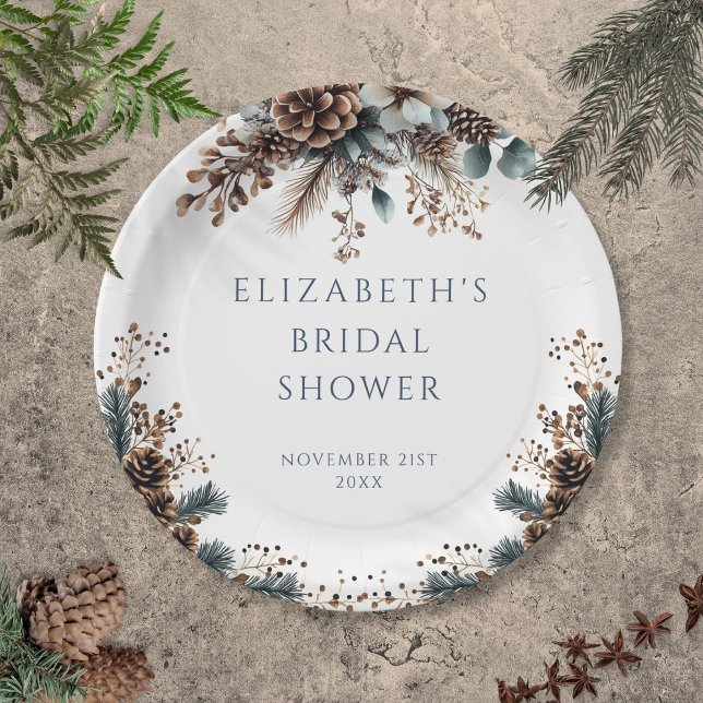 Assiettes En Carton Fête de mariage Floral Forestier Rustique Cônes de (Rustic Forest Floral Pinecones Bridal Shower Paper Plates)