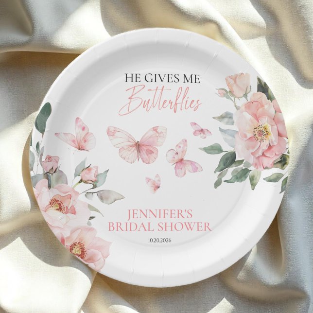 Assiettes En Carton Fête de mariage papillons floral rose (Créateur téléchargé)