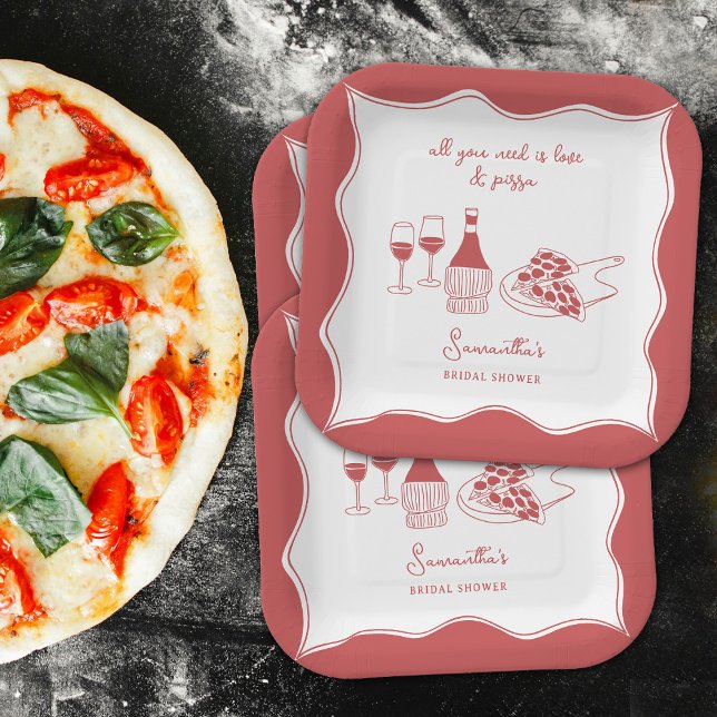 Assiettes En Carton Fête de mariage thème vin pizza italienne dessinée (Red Hand Drawn Italian Pizza Wine Bridal Shower Paper Plates)