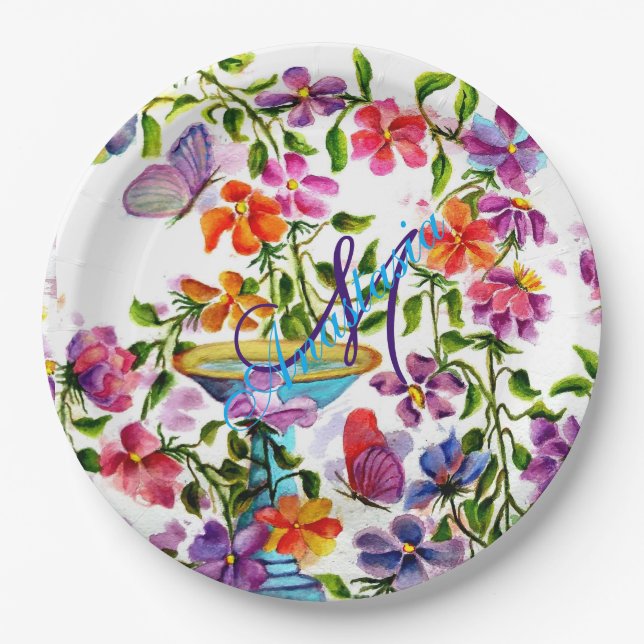 ASSIETTES EN CARTON FÊTE DE MONOGRAMME DE BAIN D'OISEAU EN BAIN BLANC (Devant)