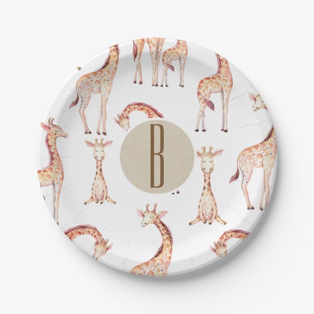 Assiettes En Carton Fête de Naissance de Bébé Tan Girafes Monogramme L (Devant)