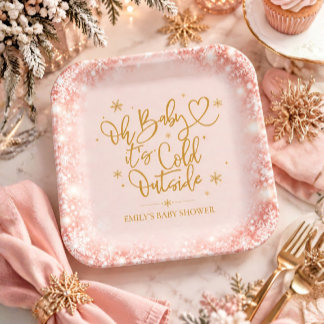 Assiettes En Carton Fête de naissance d'hiver Flocon de neige rose or