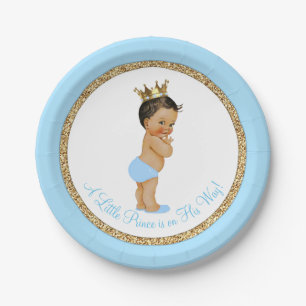 Assiettes En Carton Fête de naissance du Prince Ethnique Bébé Bleu Or