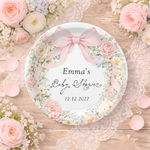 Assiettes En Carton Fête de naissance fleurie élégante rose pâle ruban