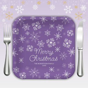 Assiettes En Carton Fête de Noël aux flocons de neige violets