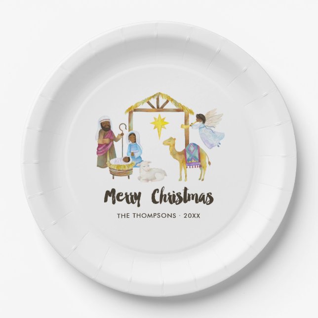 Assiettes En Carton Fête de Noël de la Nativité aquarelle (Devant)