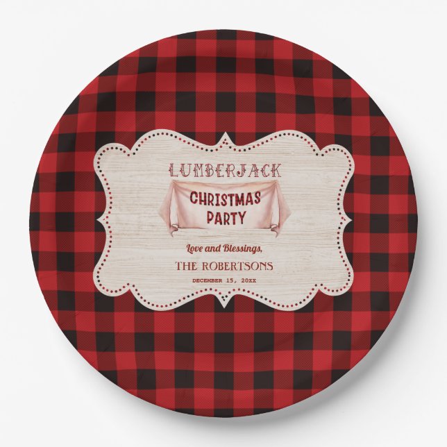 Assiettes En Carton Fête de Noël de la sériole Rouge Buffalo Bois (Devant)
