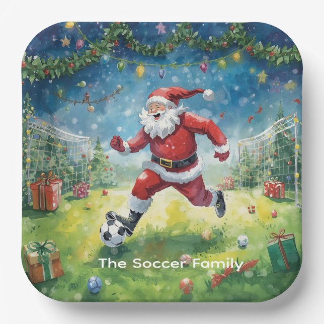 Assiettes En Carton Fête de Noël du football du Père Noël (Recto)