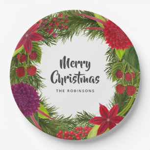 Assiettes En Carton Fête de Noël Floral Aquarelle