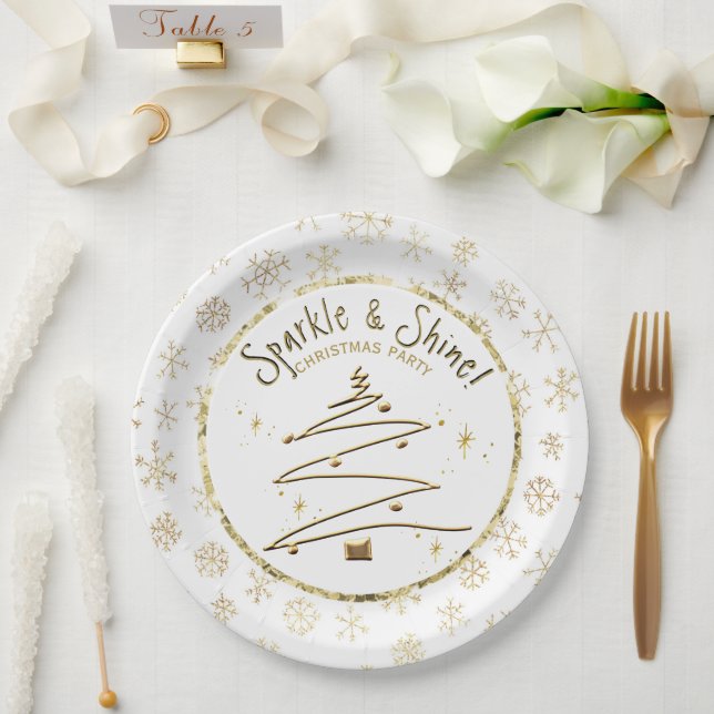 Assiettes En Carton Fête de Noël Gold White Étincelle et brillance (Mariage)