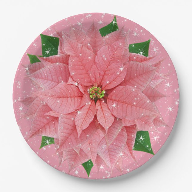 Assiettes En Carton Fête de Noël Pink Poinsettia (Devant)