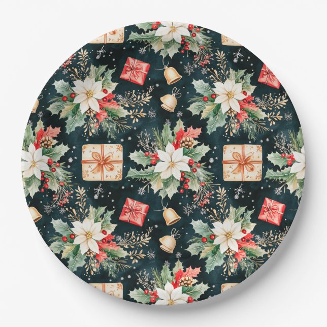 Assiettes En Carton Fête de Noël Poinsettia Flowers (Devant)