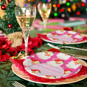 Assiettes En Carton Fête de Noël Santa Claus Rose