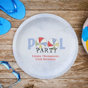 Assiettes En Carton Fête de piscine bleu aquarelle personnalisée