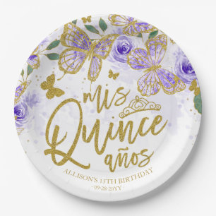 Assiettes En Carton Fête de Quinceanera Florale Papillon Violet