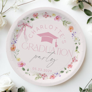 Assiettes En Carton Fête de remise des diplômes ruban rose fleur fleur