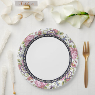 Assiettes En Carton Fête de thé de jardin floral rose avec bordure ble