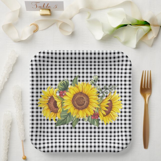 Assiettes En Carton Fête de tournesol En vichy Noir Favoriser Classiqu (Mariage)