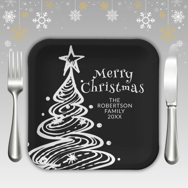 Assiettes En Carton Fête des arbres de Noël noirs et blancs (Créateur téléchargé)