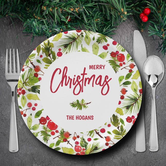 Assiettes En Carton Fête des baies de Noël (Personalized Merry Christmas paper plates with greenery and berries)