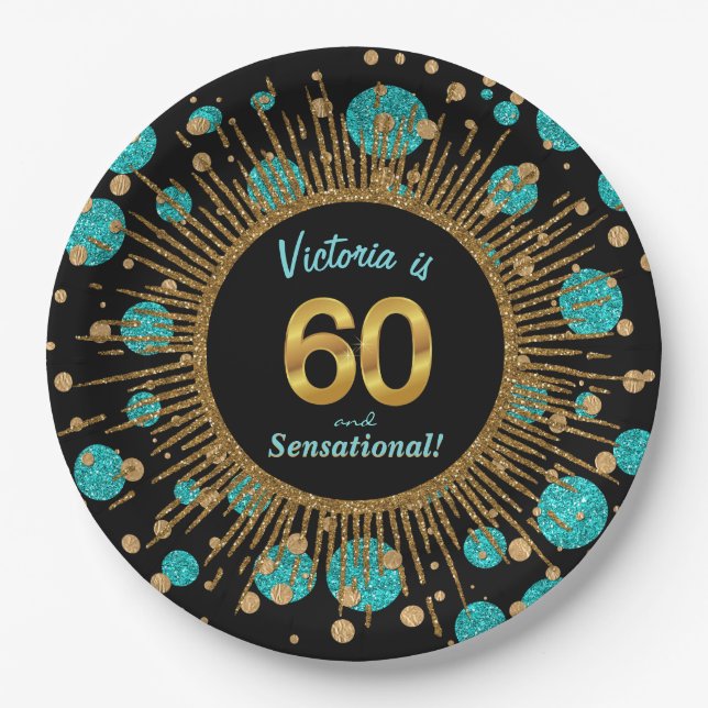 Assiettes En Carton Fête des femmes Turquoise Blue Gold 60e anniversai (Devant)
