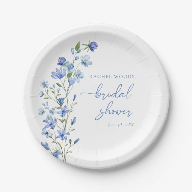Assiettes En Carton Fête des mariées bleu Dusty Fleur sauvage aquarell (Devant)