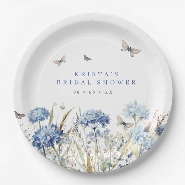 Assiettes En Carton Fête des mariées Blue Hydrangeas & Butterflies (Devant)