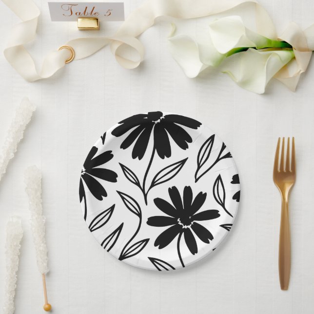 Assiettes En Carton Fête des mariées Boho de marguerites d'encre noire (Mariage)