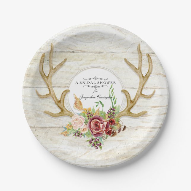 Assiettes En Carton Fête des mariées Boho Deer Antler Rose rouge Aquar (Devant)