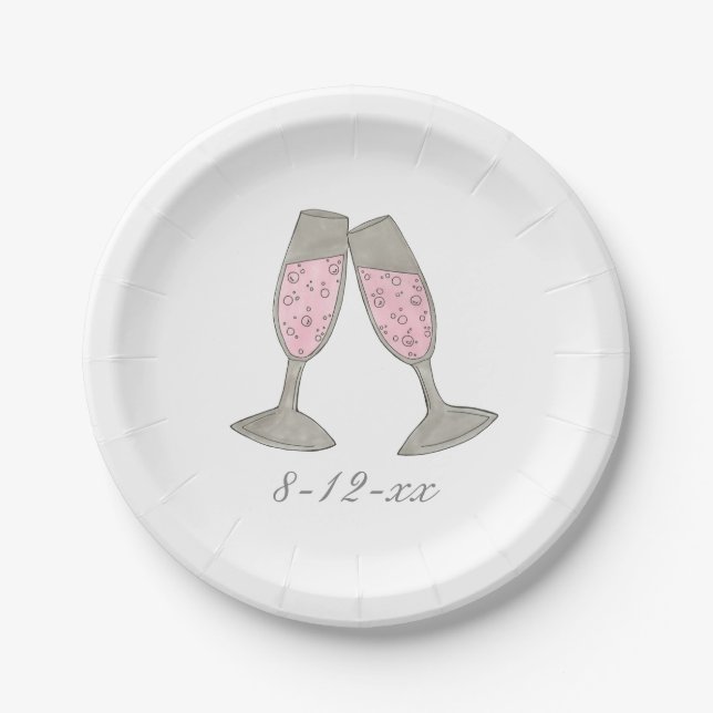 Assiettes En Carton Fête des mariées Champagne Rose Mariage Date Plate (Devant)