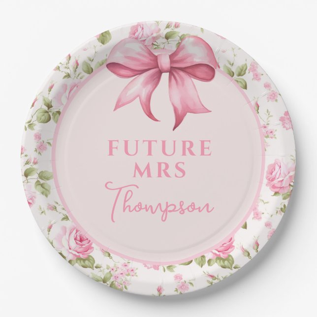 Assiettes En Carton Fête des mariées Coquette Bow Rose | Future Mme (Devant)