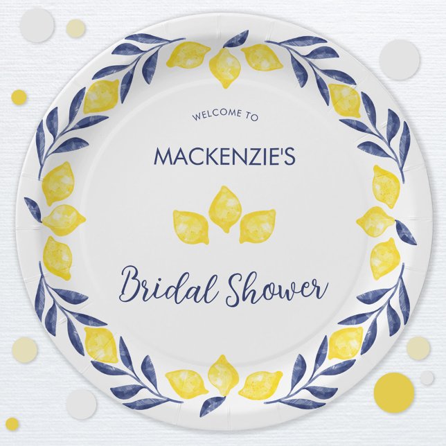 Assiettes En Carton Fête des mariées d'aquarelle citron personnalisée (Blue, yellow and white watercolor lemon personalized bridal shower paper plates)