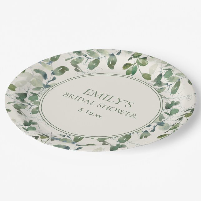 Assiettes En Carton Fête des mariées de crème Feuille Sage Green Eucal (Angle)