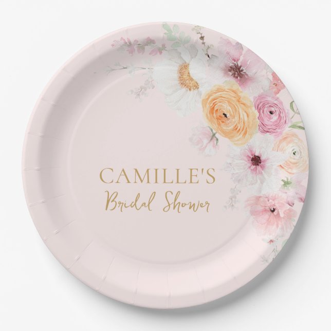 Assiettes En Carton Fête des mariées de jardin rose (Devant)