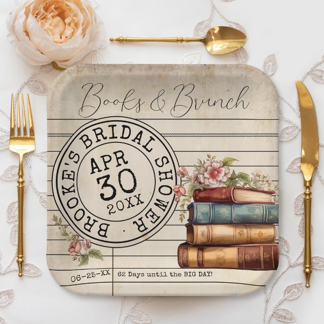 Assiettes En Carton Fête des mariées de la carte de bibliothèque vinta (Elegant vintage books and brunch floral books romantic literary wedding bridal shower square plates)