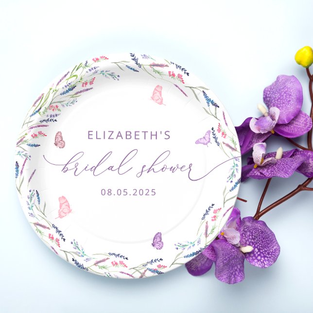 Assiettes En Carton Fête des mariées de papillons de lavande violette (Créateur téléchargé)