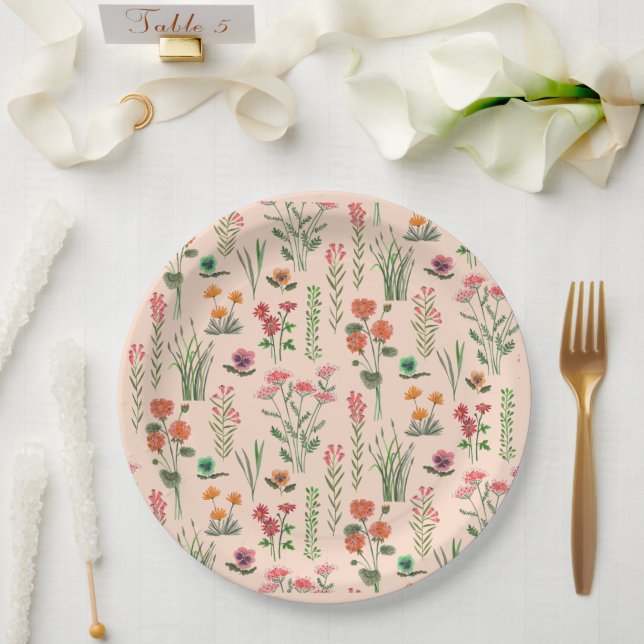 Assiettes En Carton Fête des mariées de pêche fleur sauvage (Mariage)