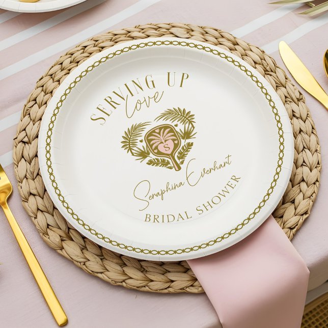 Assiettes En Carton Fête des mariées de Pickleball Retro Tropical Palm (Retro Tropical Palm Tree Pickleball Bridal Shower Paper Plates)