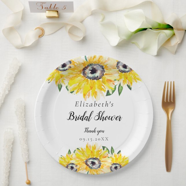 Assiettes En Carton Fête des mariées de tournesol Script Moderne Flora (Mariage)