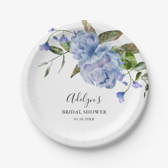 Assiettes En Carton Fête des mariées de verdure à fleurs bleues rustiq (Devant)