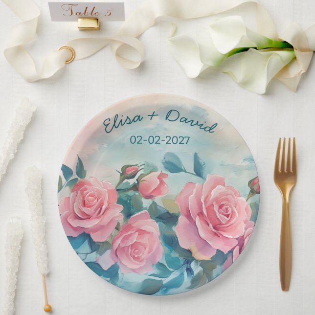 Assiettes En Carton Fête des mariées d'engagement Mariage Roses roses  (Mariage)