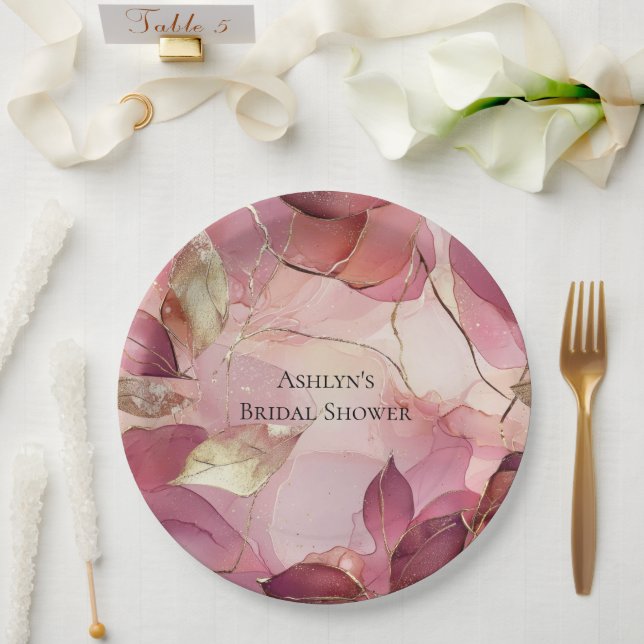 Assiettes En Carton Fête des mariées des Feuilles d'or rose (Mariage)