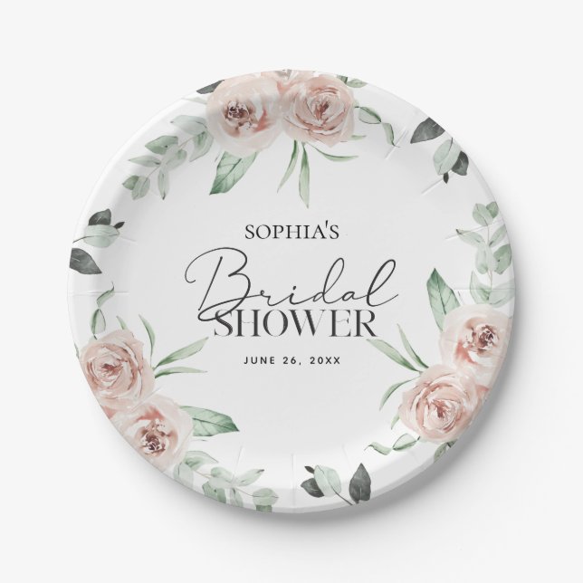 Assiettes En Carton Fête des mariées d'Eucalyptus floral rose poussiér (Devant)