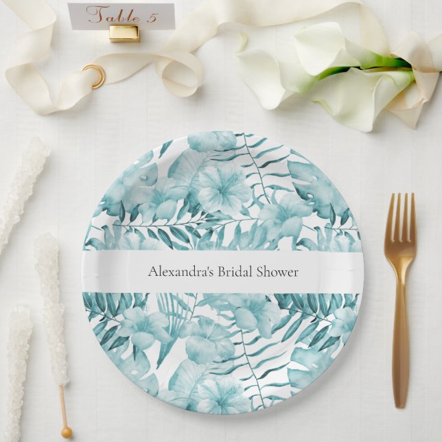 Assiettes En Carton Fête des mariées Feuille Tropical Aqua Blue Floral (Mariage)