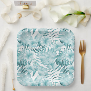 Assiettes En Carton Fête des mariées Feuille Tropical Aqua Blue Floral